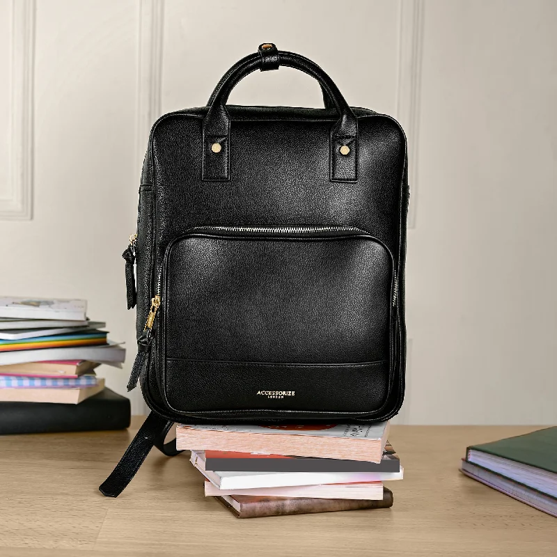 Black Faux Leather Backpack With 12 Laptop Sleeve