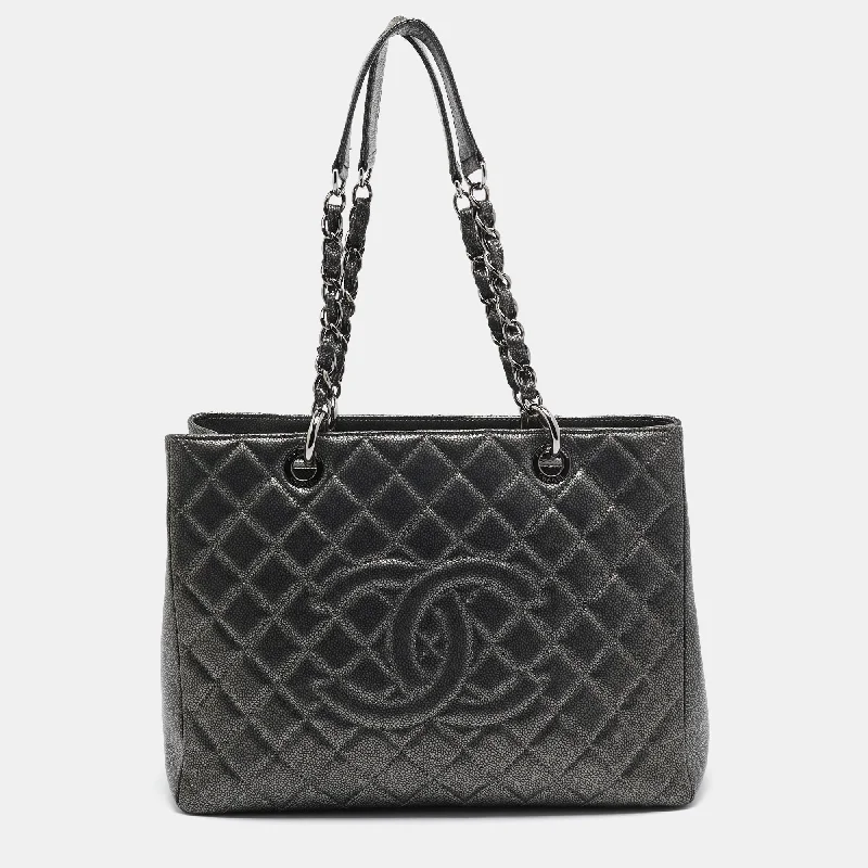 Chanel Dark Grey Quilted Caviar Leather Gst Tote