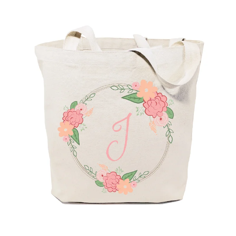 Personalized Colored Monogram Floral Cotton Canvas Tote Bag