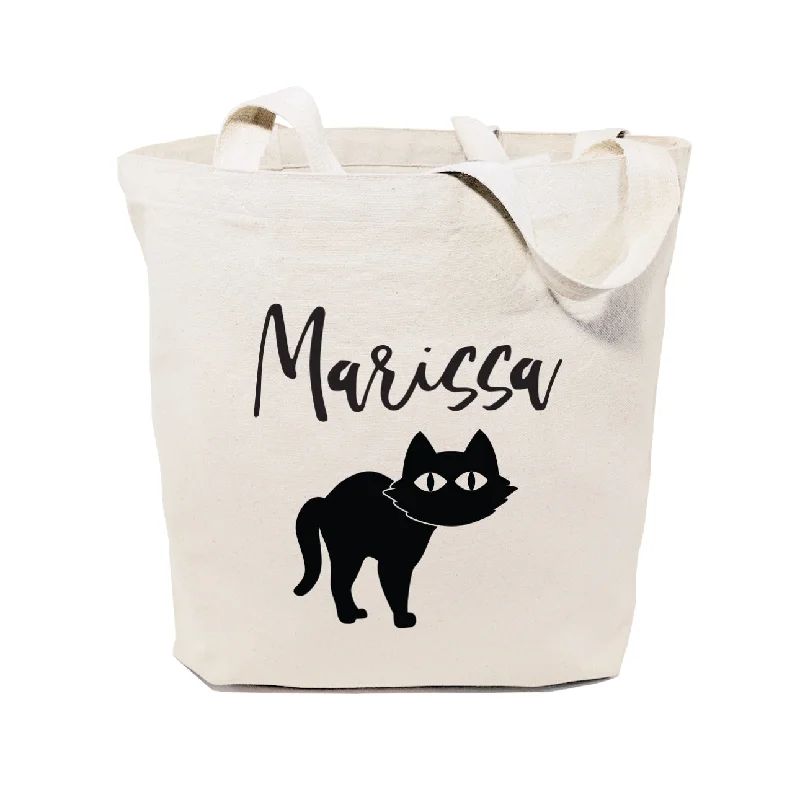 Personalized Name Black Cat Cotton Canvas Tote Bag