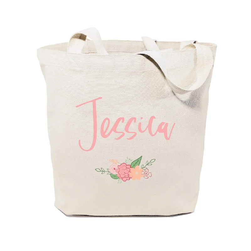 Personalized Spring Colored Floral Name Cotton Canvas Tote Bag