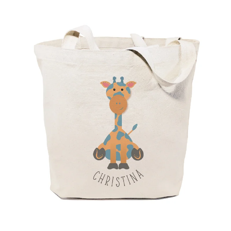 Personalized Name Giraffe Cotton Canvas Tote Bag