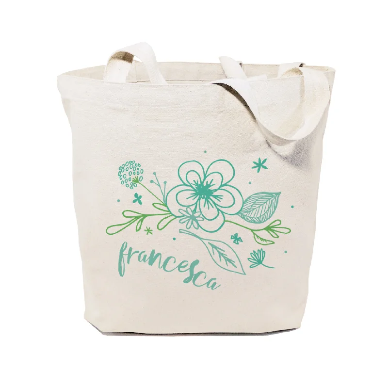 Personalized Name Aqua Floral Cotton Canvas Tote Bag