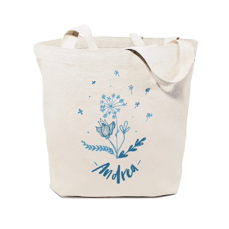 Personalized Name Blue Floral Cotton Canvas Tote Bag