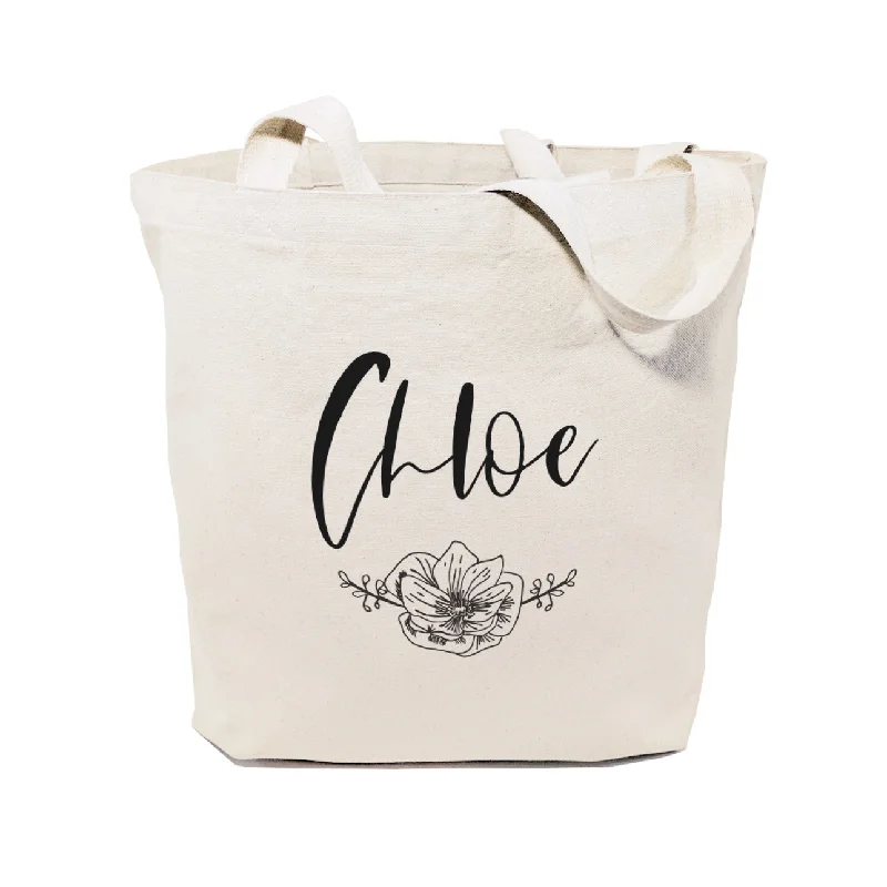 Personalized Name Modern Floral Cotton Canvas Tote Bag