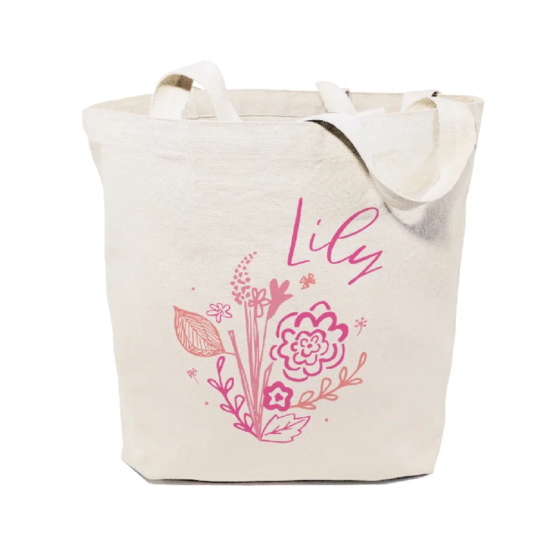 Personalized Name Pink Floral Cotton Canvas Tote Bag