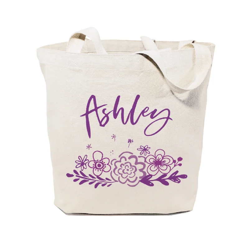 Personalized Name Purple Floral Cotton Canvas Tote Bag