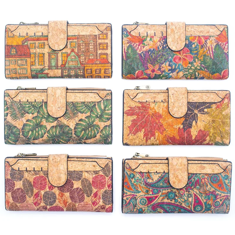 6 Natural Cork card long Wallets with Floral Print and Mosaic Patterns (6 Units Pack) HY-015-MIX-6