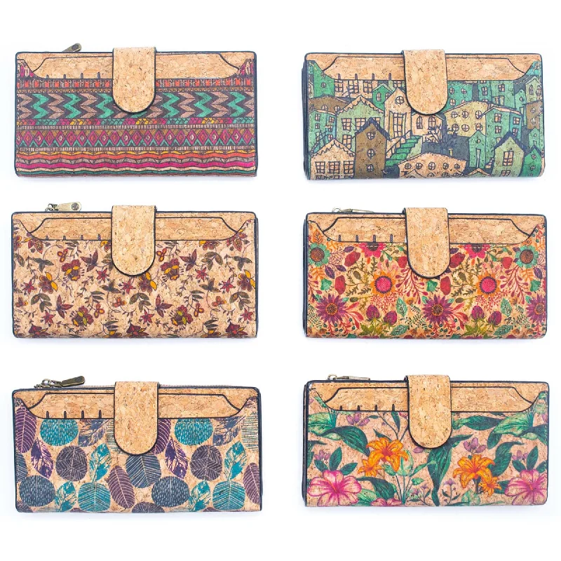 6 Natural Cork card long Wallets with Floral Print and Mosaic Patterns (6 Units Pack) HY-016-MIX-6