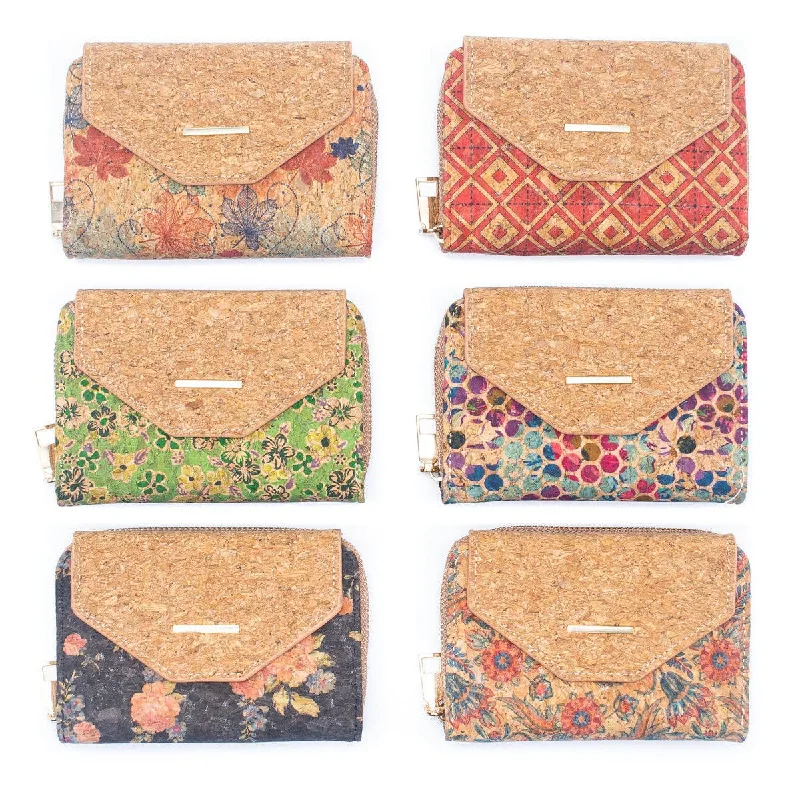 6 Natural Cork card Wallets with Floral Print Patterns (6 Units) HY-024-MIX-6