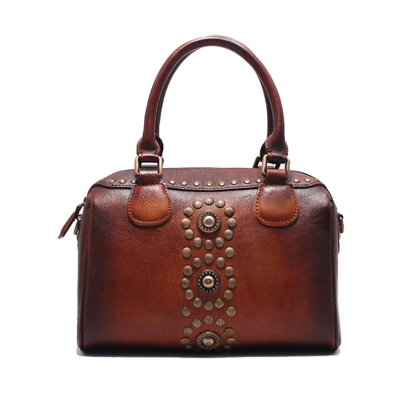 Rivets Womens Designer Handbags Brown Leather Shoulder Bag for Women