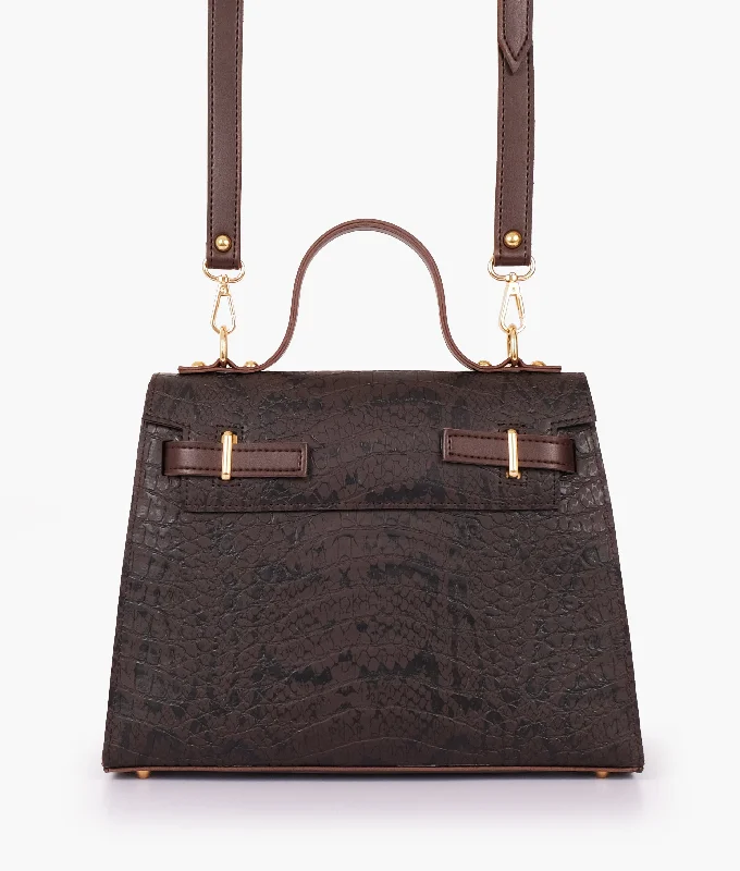 Dark brown crocodile cross-body bag with top-handle