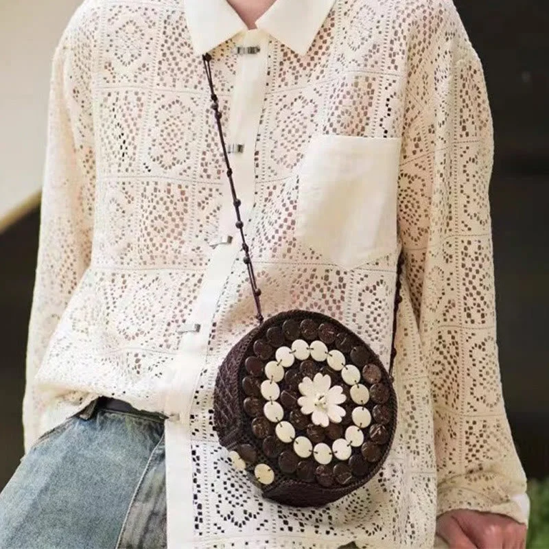 Handmade Coconut Shell Woven Phone Bag Floral Beach Party Crossbody Purses