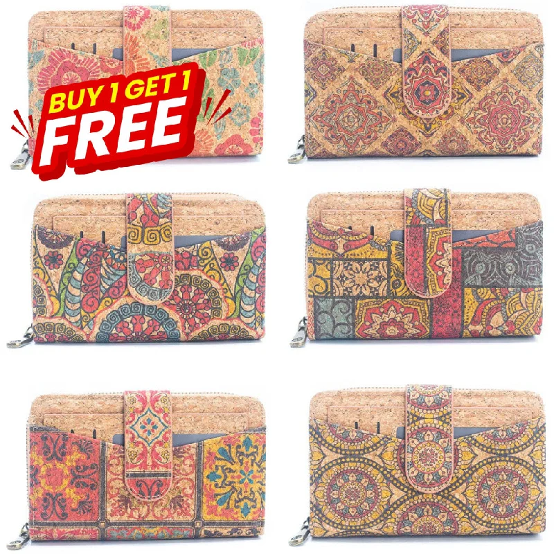 BUY 1 GET 1 FREE: Medium-length Natural Cork Women's Printed Wallet with Card BAGD-497-6