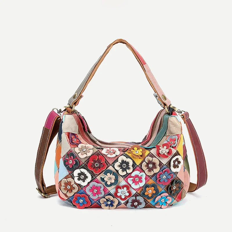 Multi-Color Floral Genuine Leather Boston Bag Hobo Tote Handbag Crossbody Bag