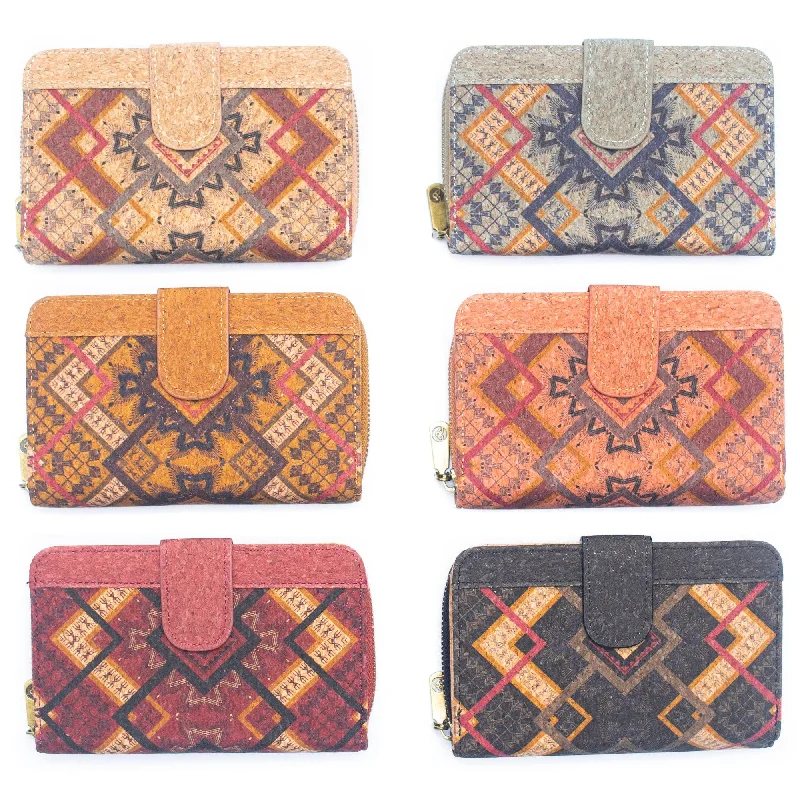 Multiple colors geometric patterns.cork Wallet Medium size –HY-021-MIX-6 （6units）