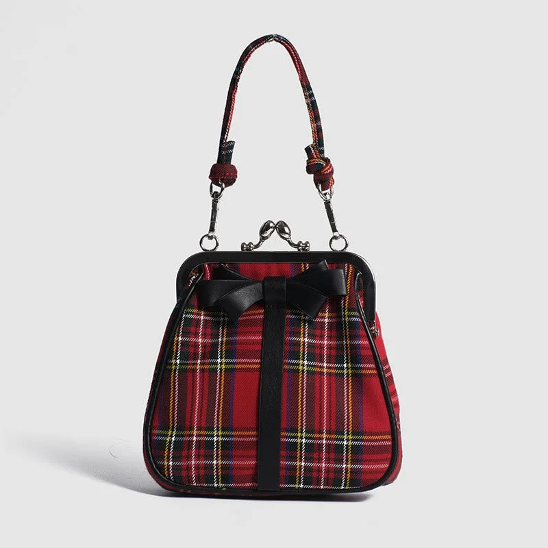 Plaid Print Kiss-Lock Handbag for Women Party Evening Bag Shoulder Purse