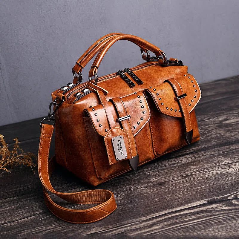 Top-Handle Bag For Women Wax PU Leather Retro Crossbody Bag