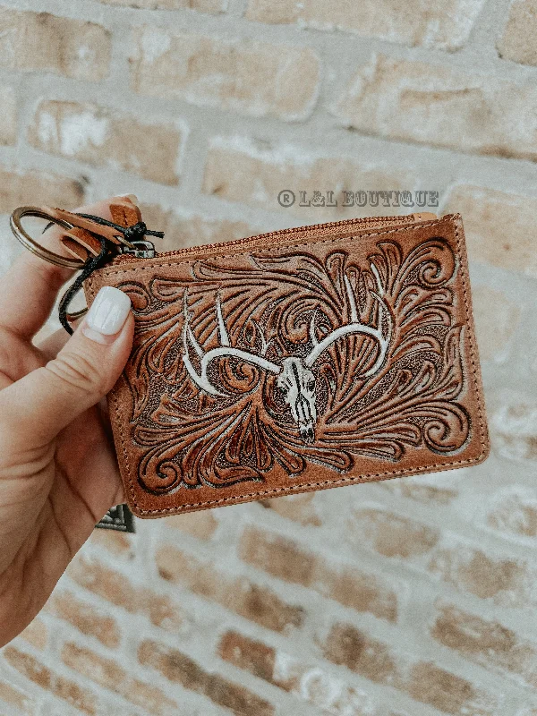 Wylie Skull Leather Card Holder Keychain